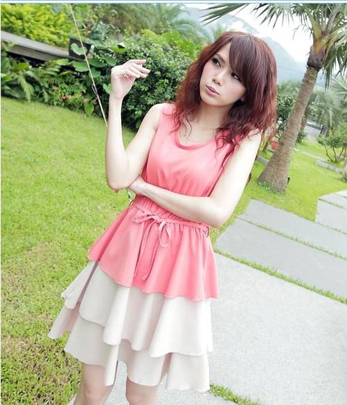 dress ชุดเดรสแฟชั่นแขนกุด สีชมพู กระโปรงแต่งระบาย พริ้ว มาพร้อมเชือกผูกเอว ใส่ทำงาน ใส่เที่ยว น่ารัก