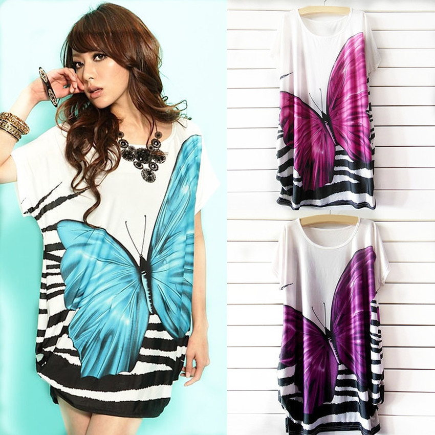 MOKE Women's Ice Silk Butterfly Loose Novelty Print Autumn-SummerDresses For Women purple - Intl