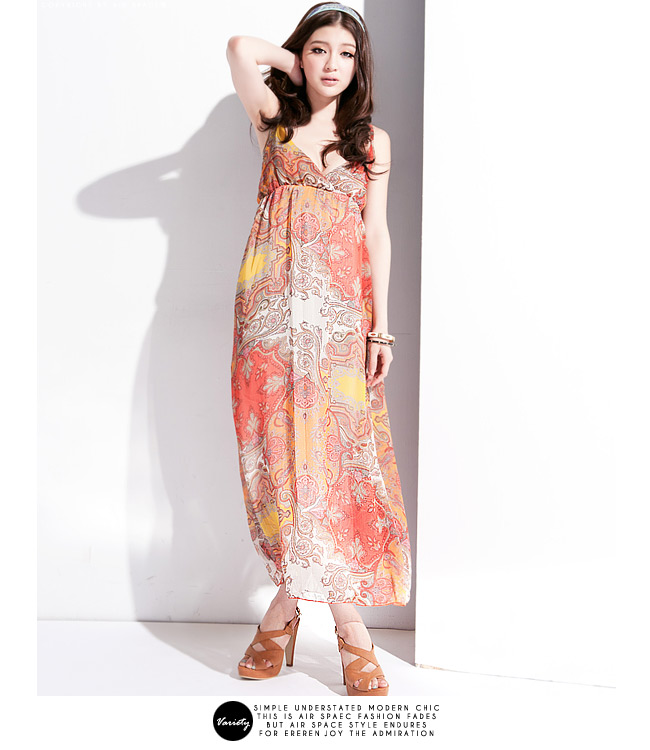 MAXI DRESS เดรสยาวแฟชั่นสายเดี่ยว ใส่ทำงาน เที่ยว ผ้าชีฟอง ลายโทนน้ำตาล ใส่ออกงาน ASIA STREET FASHION