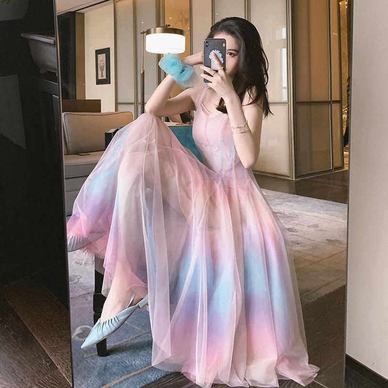 พรีออเดอร์ : เดรสยาวฤดูร้อนแฟชั่นสไตล์หวานน่ารักๆ สีพาสเทล แขนกุด