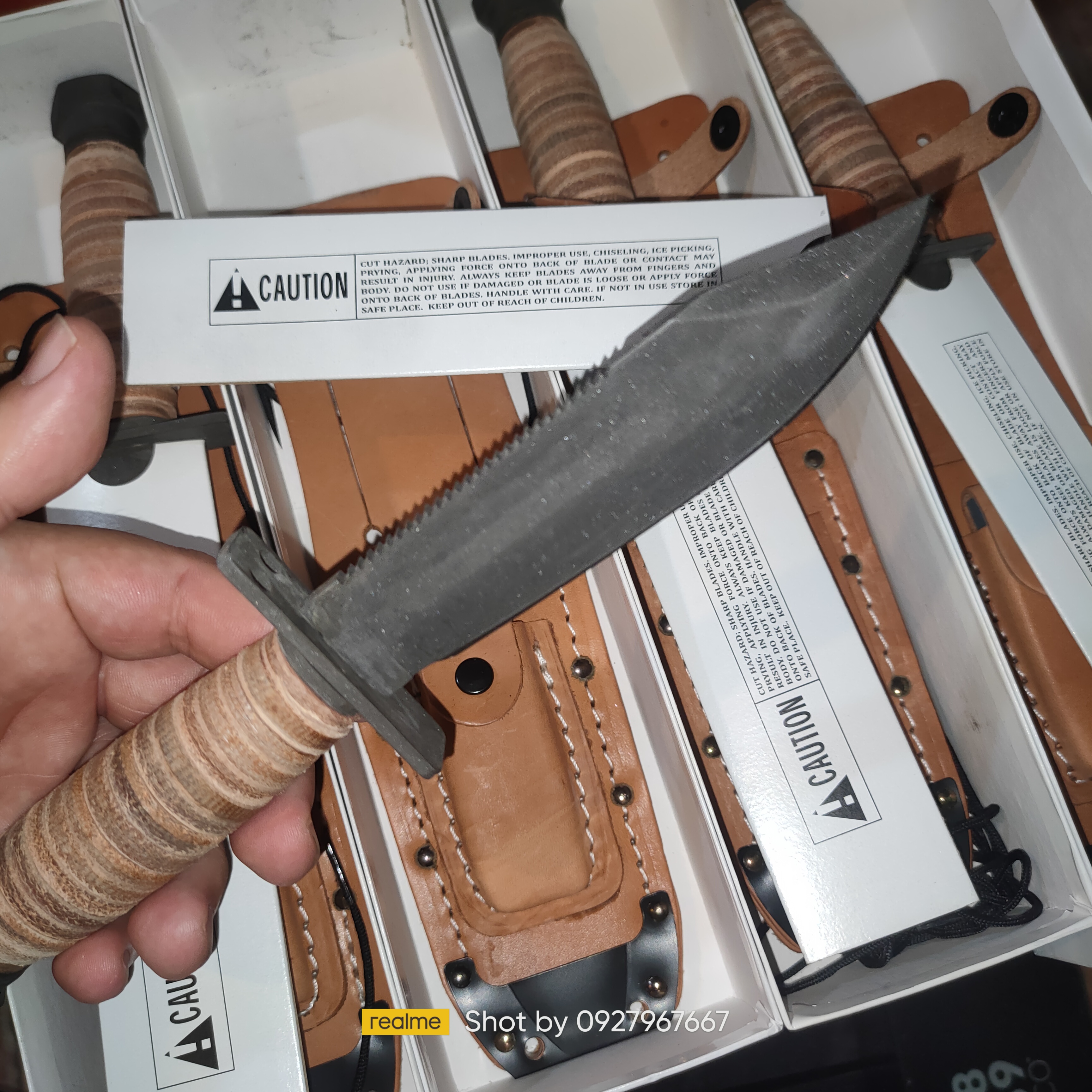 มีดใบตาย Ontario 499 Air Force Survival Knife 5" Sawback Blade with False Top Edge and Blood Grooves, Natural Leather Handle and Sheath - 6150