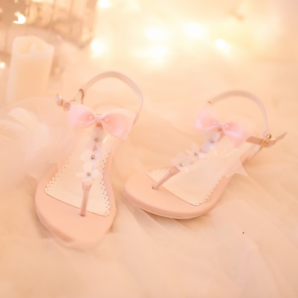 รองเท้าแตะแฟชั่นสไตล์หวานประดับโบว์น่ารักๆ หนัง PU ส้นสูง 4 ซม. แบรนด์แท้ Candy Rain