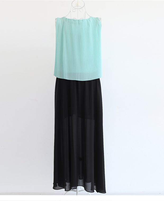 MAXI DRESS ชุดเดรสยาวผ้าสองชิ้น ส่วนกระโปรงสีดำ เสื้อสีเขียวอ่อน แฟชั่นใส่เที่ยว ใส่ทำงาน สวยน่ารักมากๆ ASIA STREET FASHION