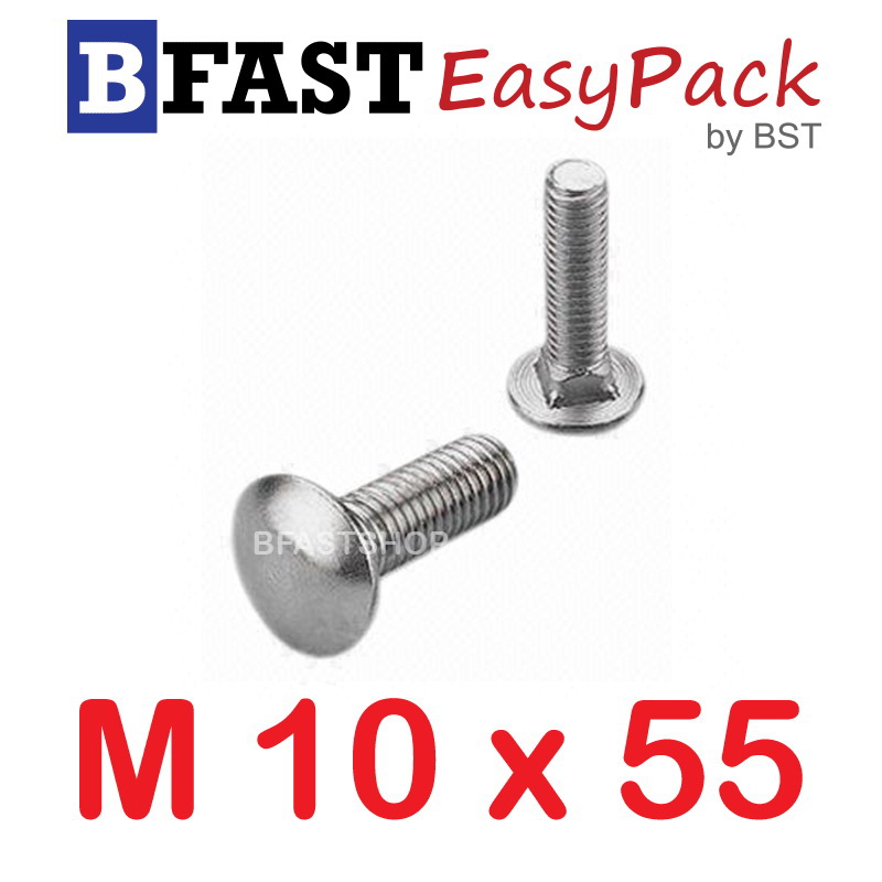 สกรูหัวกลมคอเหลี่ยมสแตนเลส M10 x 55 (1 ตัว/ถุง)