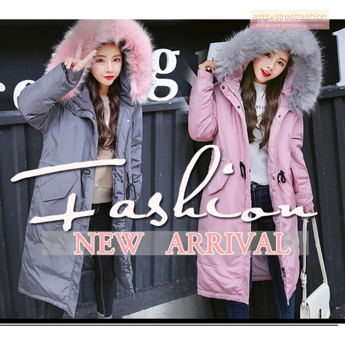 เสื้อกันหนาวฮู้ดดี้ ทรงยาว แต่งเฟอร์หนาฟู งานเกรดดีเหมือนแบบ บุนวมหนา อุ่นมาก หิมะก็เอาอยู่ (ถอดขนถอดฮู้ดได้) เทาฮู้ดชมพู