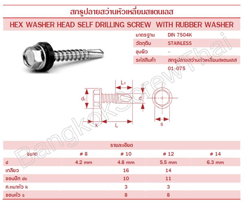 สกรูหัวเหลี่ยมปลายสว่านสแตนเลส SUS #12 x 1.1/2" (3 ตัว/ถุง)