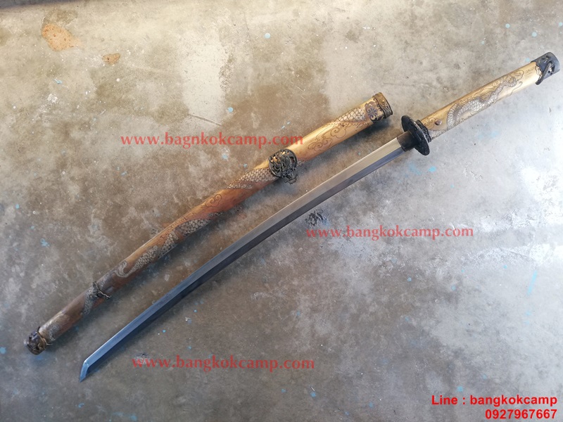 ดาบซามูไร (ยาว) ใบมีดเป็นเหล็กลาย (ใบมีดดามัสกัส) ลายมังกร