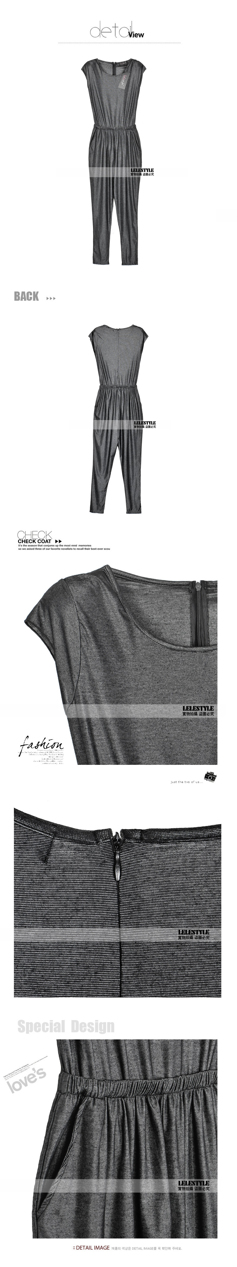 jumpsuit ชุดเอี๊ยมกางเกงขาห้าส่วน สีเทาเข้ม แขนสั้น แฟชั่นใส่เที่ยว ใส่ทำงาน ผ้ายืด กระเป๋าข้าง