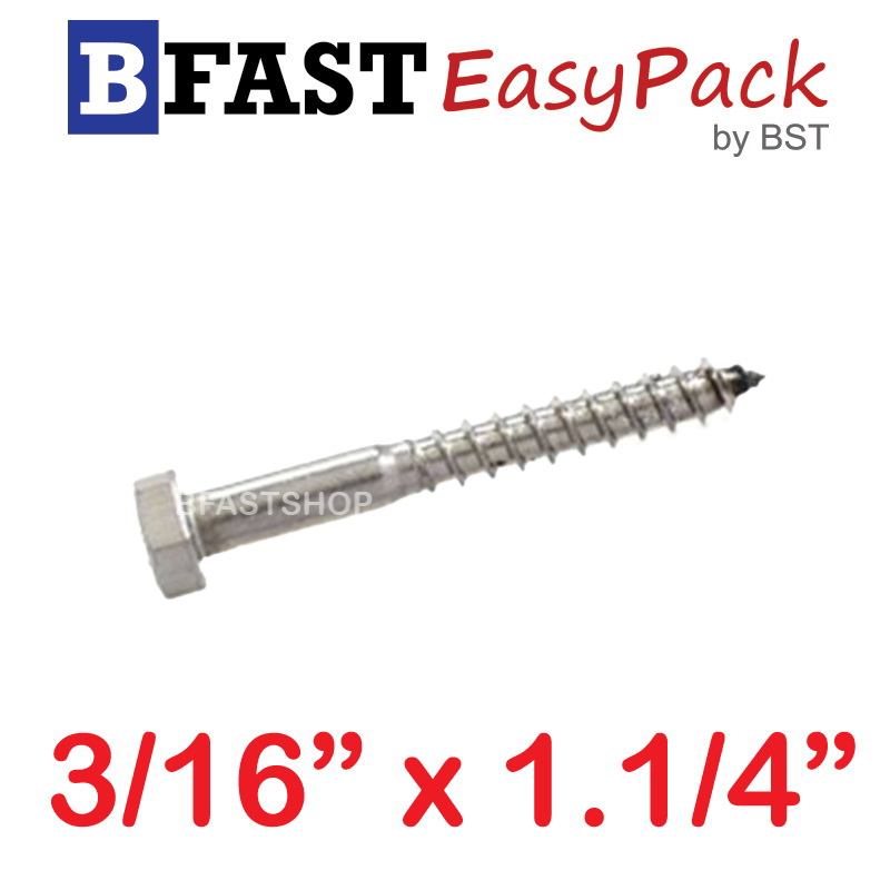 สกรูเกลียวปล่อยขันไม้สแตนเลส 3/16" x 1.1/4" ( 5 ตัว/ถุง)