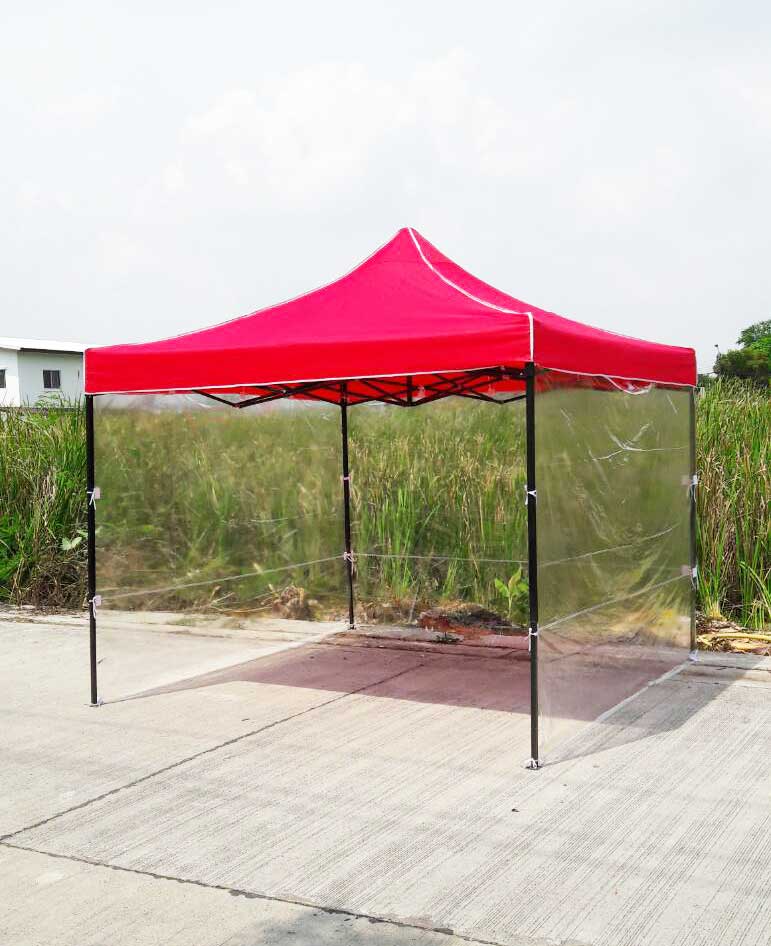 เต็นท์พับได้ สีเเดง ขนาด 3m x 3m พร้อมพลาสติกใส 3 ด้าน