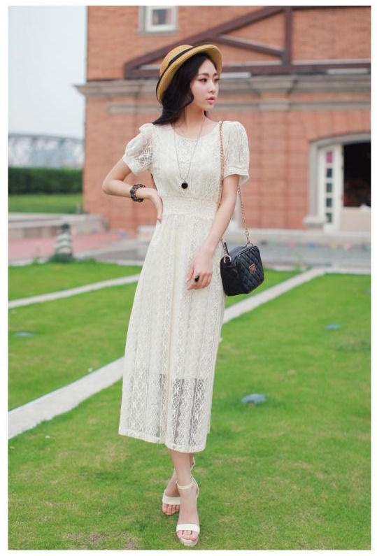 Dress ชุดเดรสผ้าลูกไม้น่ารัก เอวสม๊อครอบด้านยืดหยุ่น ผ้าคอตตอน มีซับใน ใส่ทำงาน ใส่ออกงาน สวยน่ารัก