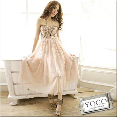 maxi dress ชุดเดรสยาวใส่ไปงานแต่งงาน เกาะอก สีชมพูโทนน้ำตาล กระโปรงตัดต่อผ้ามุ้ง ใส่ออกงาน น่ารักๆ สวยๆ Asia Street Fashion