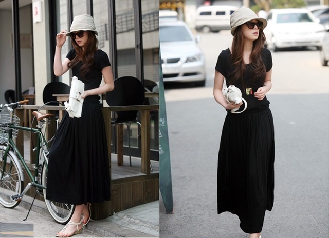 maxi dress ชุดเดรสยาว แฟชั่นเกาหลี ผ้า cotton สีดำ ใส่ทำงาน เที่ยว น่ารัก Asia Street Fashion
