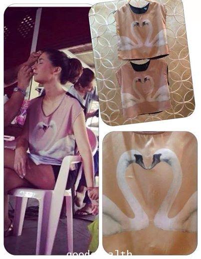 Crop ลายหงส์ผ้าซาติน ลายพิมพืมพ์เป๊ะมากแบบคุณเอมมีใส่