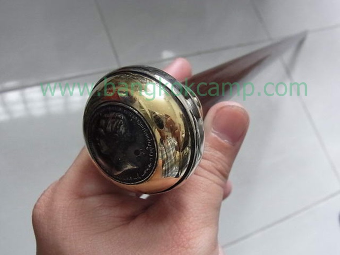 ไม้ตะพด (แบบที่ 16) ไม้ชิงชัน 3กษัตริย์ หัวทองเหลือง ประดับเหรียญ ร.5 ปลายทองแดง