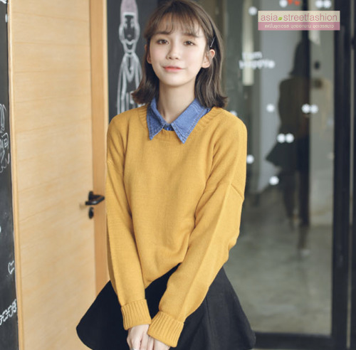 Sweater เสื้อสเวทเตอร์แขนยาว สีเหลือง ทรงสวย จะใส่เดี่ยวไหรือใส่โค้ทคลุมก็เริ่ด