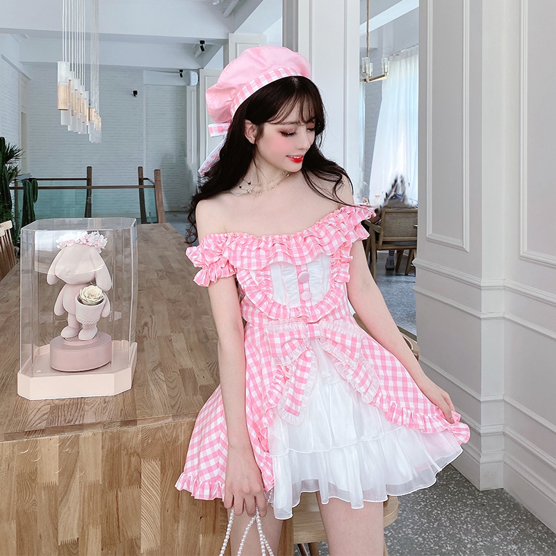 Summer Joy : พรีออเดอร์ ชุดเดรสแฟชั่นลายสก็อต แต่งช่วงล่างสีขาวพองๆ น่ารักๆ แบรนด์แท้ ( สินค้าเฉพาะชุดไม่รวมหมวกและ choker )