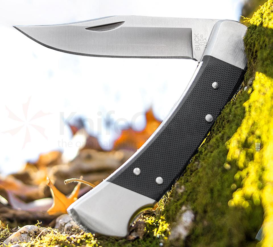 มีดพับBuck110 Folding Hunter Pro 3.75" S30V Plain Blade, Black G10 Handles, Black Leather Sheath - 11689