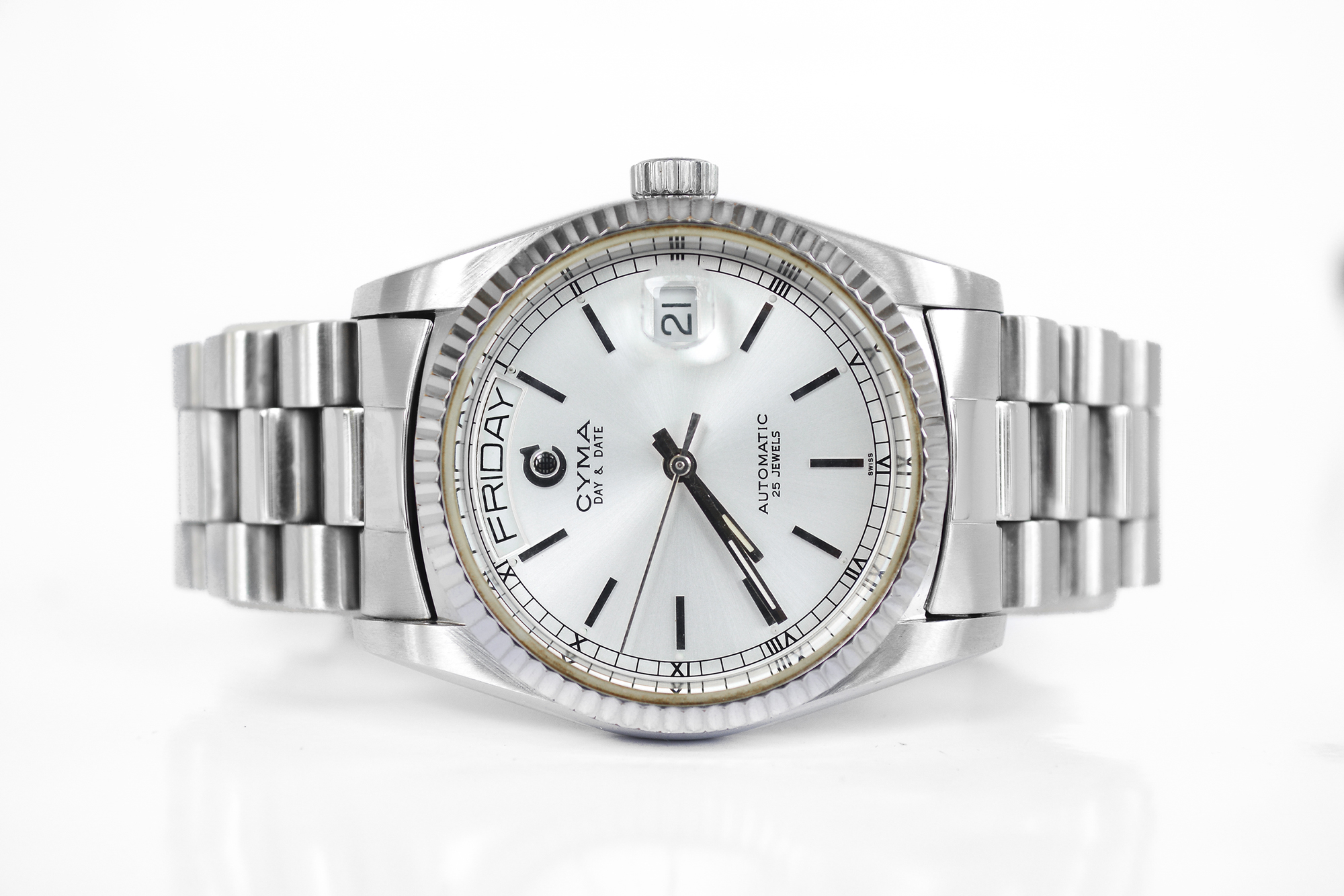 Cyma Automatic Day-Date ขอบหยัก เรือนเหล็ก (Sold)