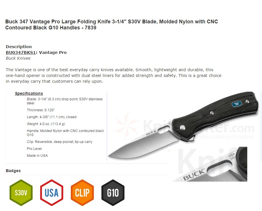 มีดพับ Buck 347 Vantage Pro Large Folding Knife 3-1/4" S30V Blade, Molded Nylon with CNC Contoured Black G10 Handles - 7839