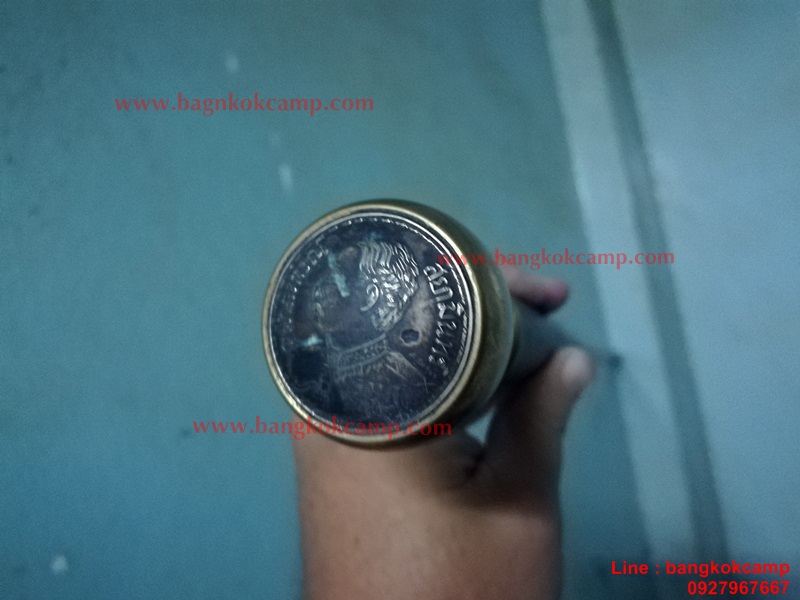 ไม้ตะพด ไม้เท้า หัวทองเหลือง ประดับเหรียญ ร.5 (เหรียญใหญ่)