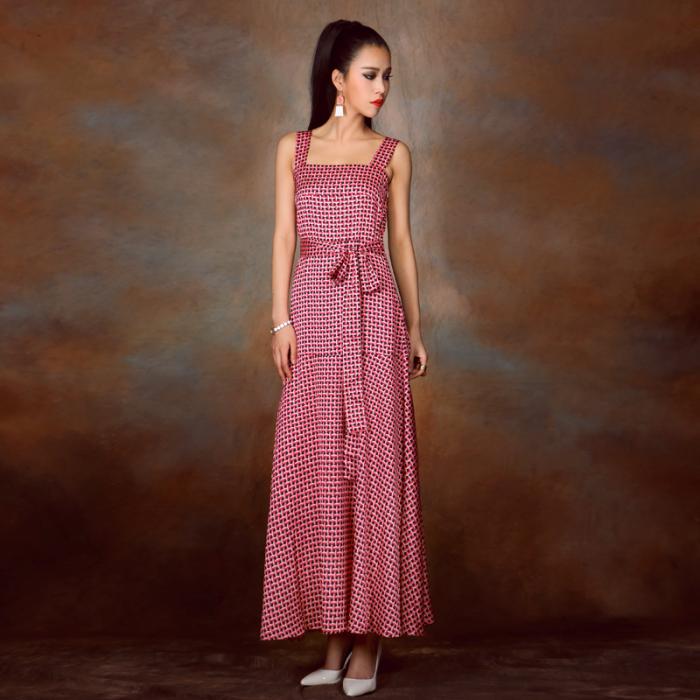 maxi dress - ชุดเดรสยาว ลายสีชมพู ดำ ใส่ออกงาน ใส่เที่ยว เชือกผูกเอว สวยๆ Asia Street Fashion