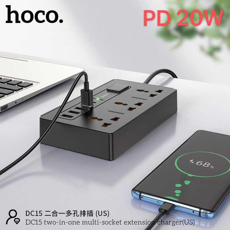 Hoco DC15 2in1 Multi-Socket Charger QC 3.0 PD 20W - รางปลั๊กไฟ ปลั๊กพ่วง 3 ช่อง และ USB 4 ช่อง PD 1 มีเทคโนโลยีชาร์จเร็วทั้ง PD 20W และ Quick Charge 3.0