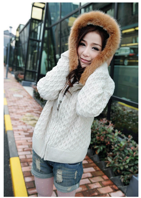 fashion เสื้อกันหนาวมีฮู้ด สีขาว ตามภาพ ผ้าไหมพรม สีสดใส น่ารักๆ Asia Street Fashion