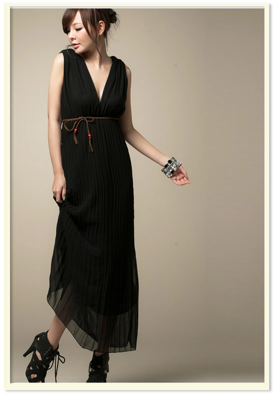 MAXI DRESS ชุดเดรสยาวแขนกุด ใส่เที่ยว ทำงาน กระโปรงอัดพลีท ผ้าชีฟอง สีดำ สวยๆ ใส่ออกงานได้ ASIA STREET FASHION