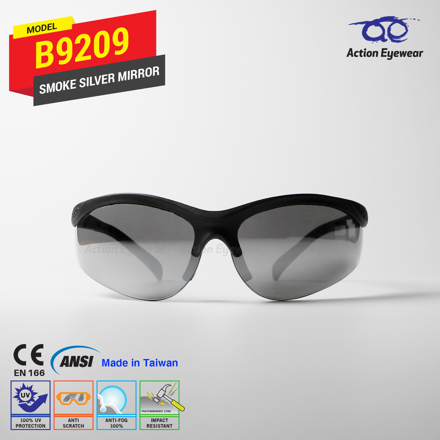 แว่นตานิรภัย รุ่น B9209 (กันฝ้า 100%) เลนส์ดำปรอท