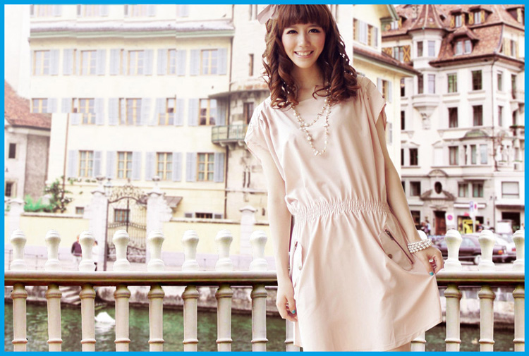 dress ชุดเดรสแขนสั้น สีครีม จั้มเอว ตกแต่งหัวไหล่ เดรสแฟชั่นใส่ทำงาน เที่ยว น่ารัก Asia Street Fashion