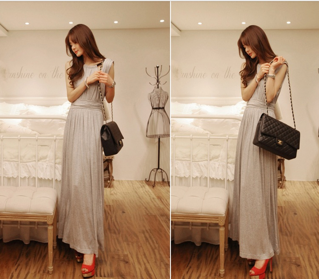 maxi dress ชุดเดรสยาวแฟชั่น คอรูด แขนกุด ใส่ทำงาน ผ้าคอตตอน ซิบหลัง สีเทา ใส่เที่ยว เท่ห์ๆ จ้า Asia Street Fashion