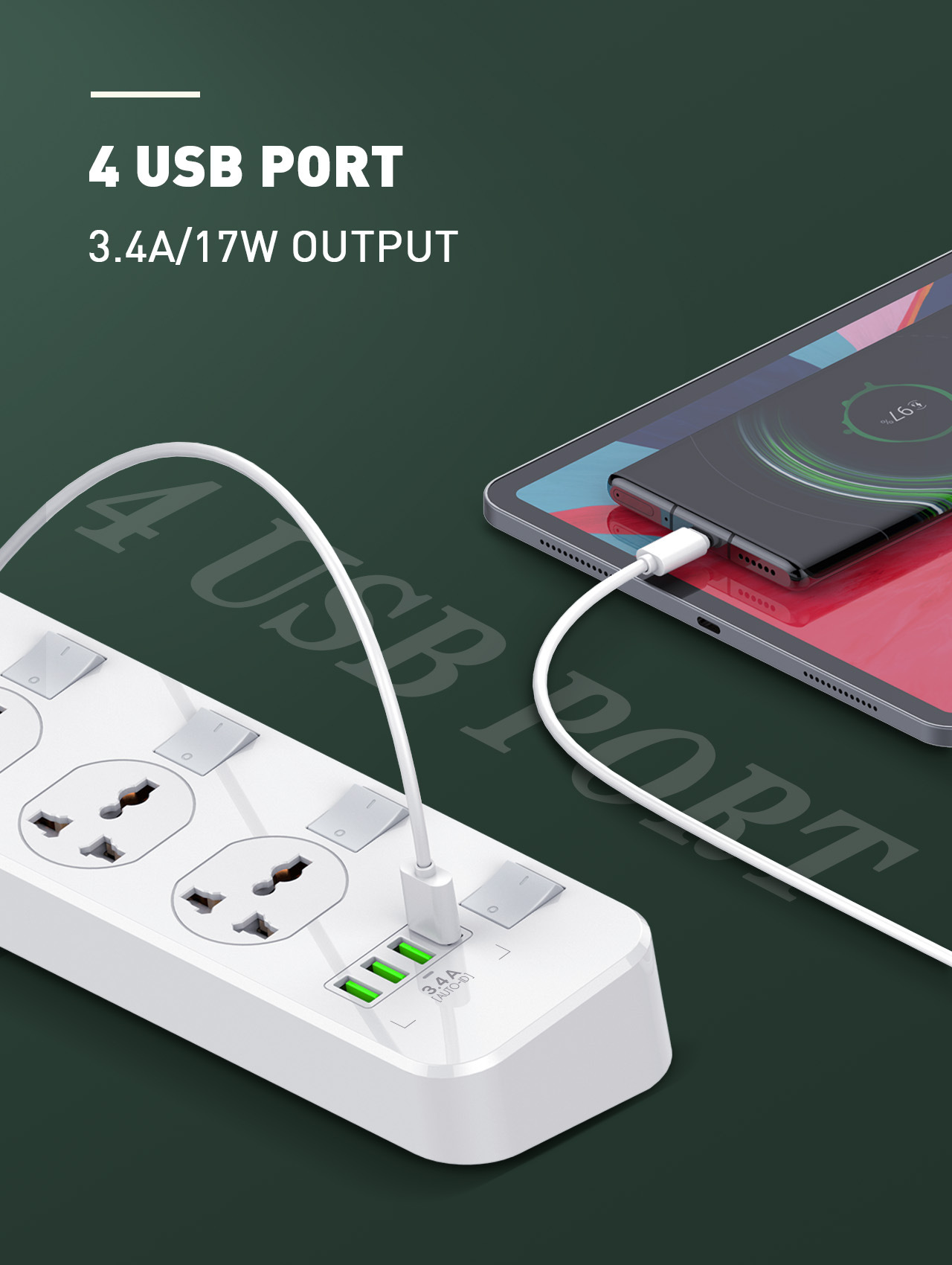 ปลั๊กไฟ รางปลั๊กไฟ ปลั๊กพ่วง LDNIO รุ่น SC4408 4 ช่อง 4 USB สาย 2 เมตร