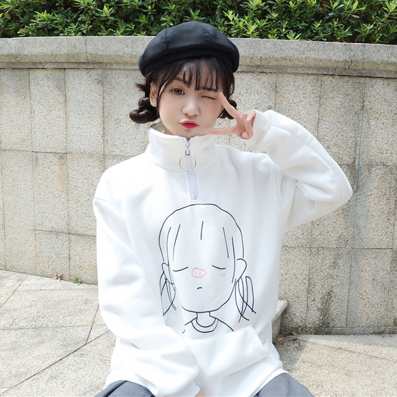 พรีออเดอร์ : เสื้อกันหนาวแขนยาวแฟชั่นสไตล์ญี่ปุ่นพิมพ์ลายการ์ตูน รุ่นคอสูงสามารถรูปซิปที่คอลงมาเป็นปกคอเสื้อได้