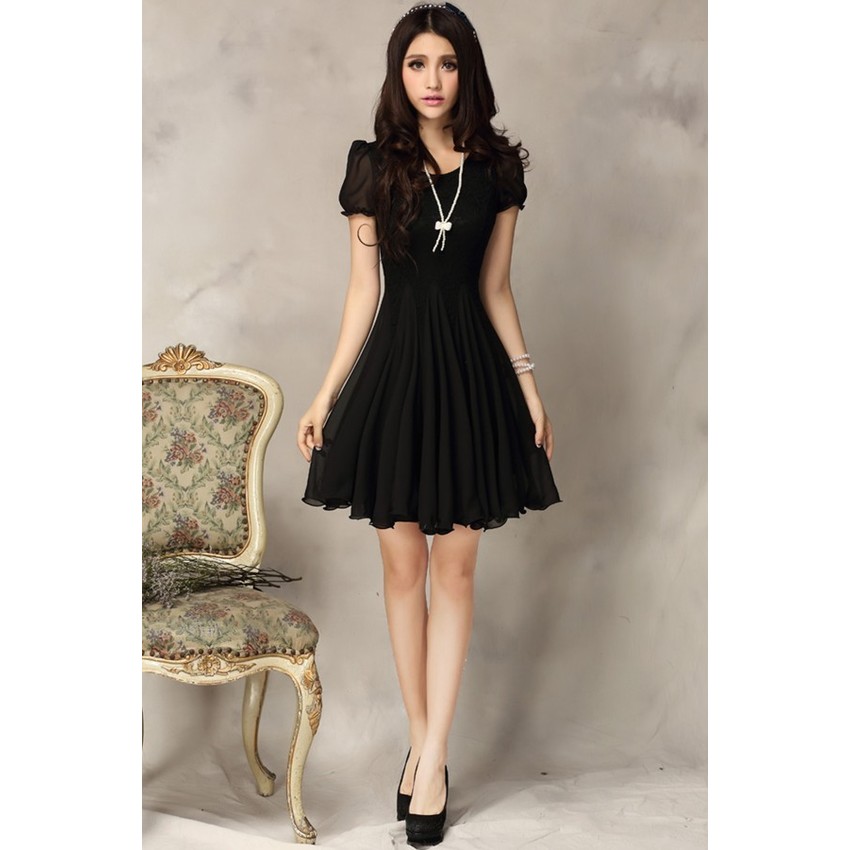 2015 Summer New style Women's Partysu Chiffon Slim Temperamentsweet Princess dress Lace Short sleeve Dresses For Women Trendy Fashion Style Onlinees (Black)
