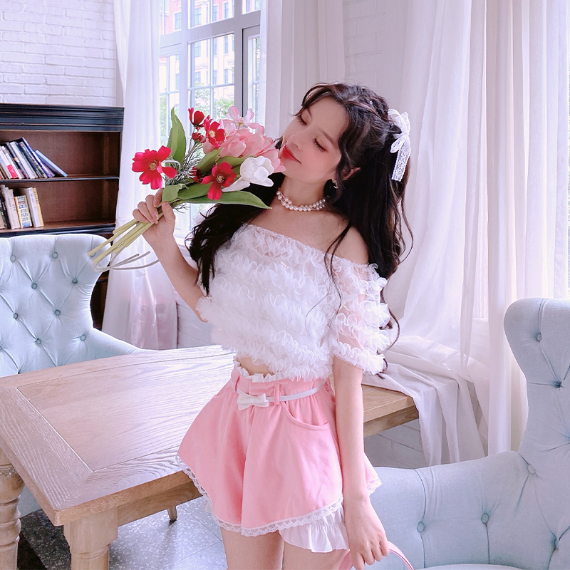 Summer Joy : พรีออเดอร์ เสื้อคลุมเกาะอกระบายครอปสั้น รุ่นยาว ระบาย 5 ชั้น