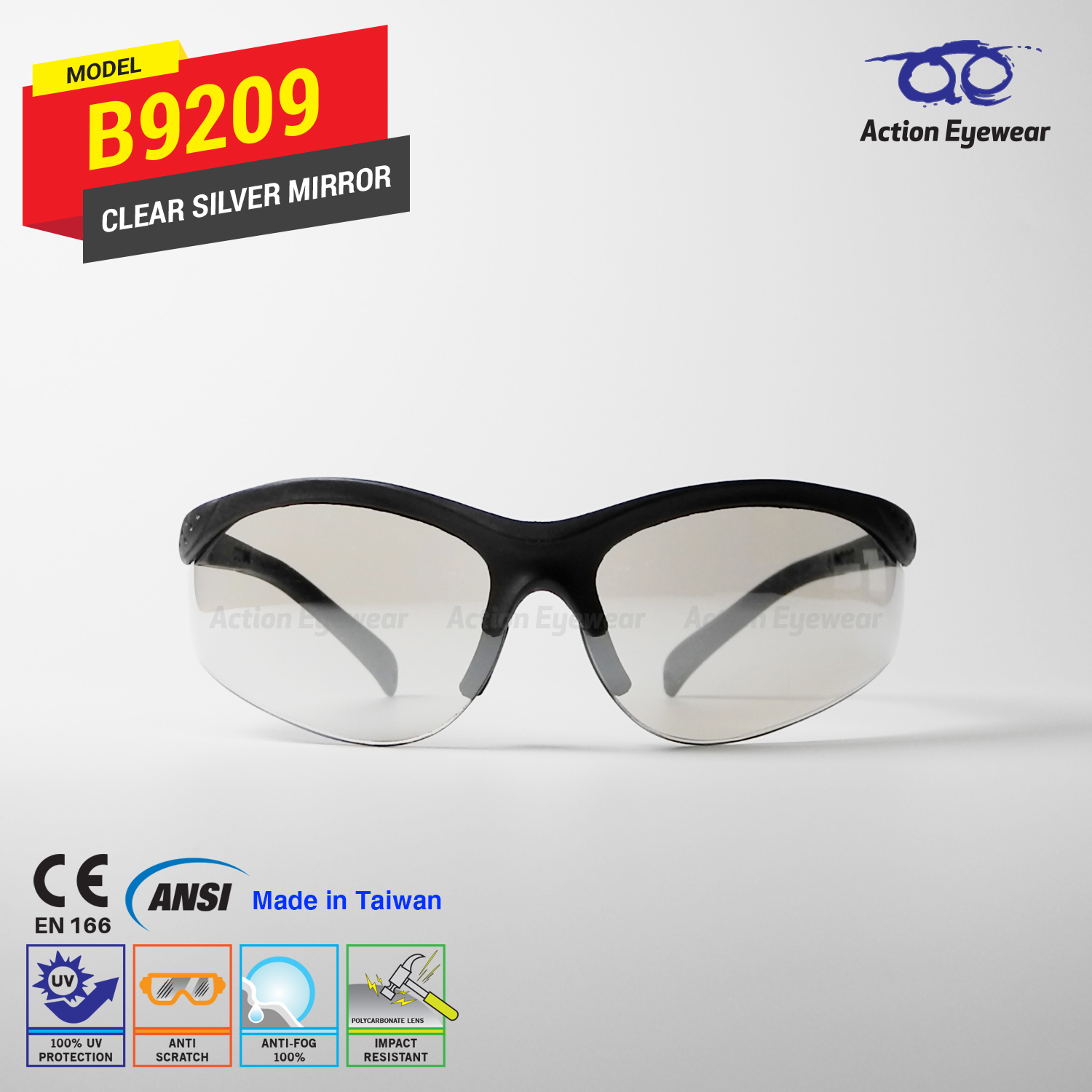 แว่นตานิรภัย รุ่น B9209 (กันฝ้า 100%) เลนส์ใสปรอท