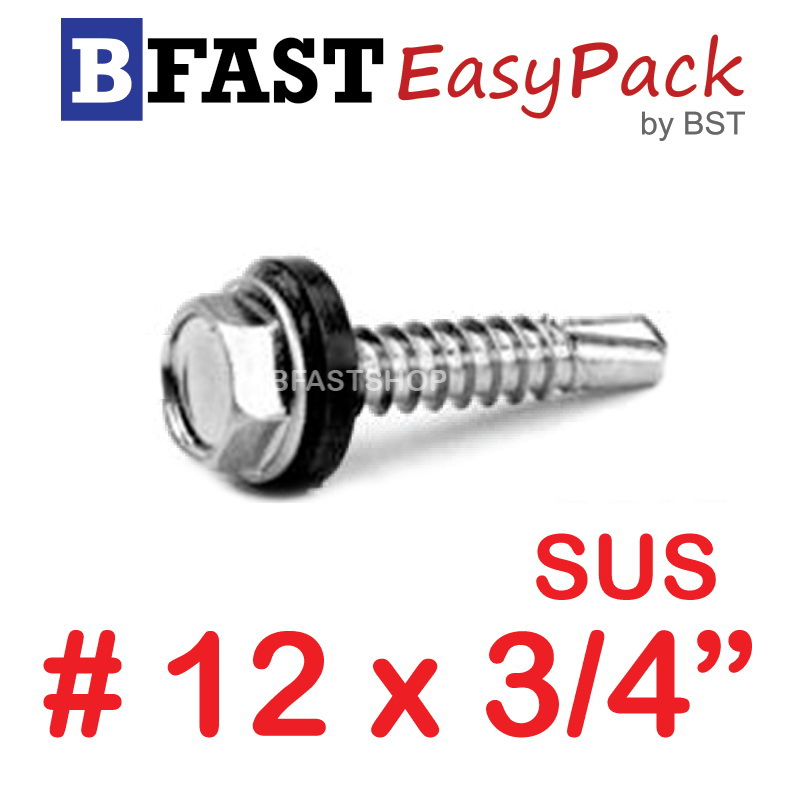สกรูหัวเหลี่ยมปลายสว่านสแตนเลส SUS #12 x 3/4" (3 ตัว/ถุง)
