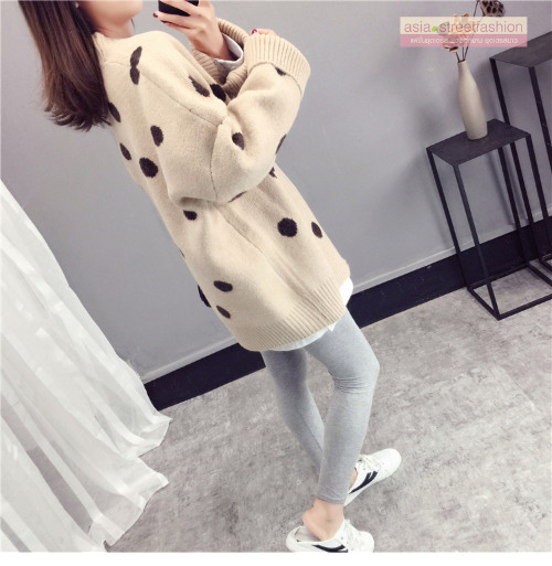 เสื้อกันหนาวไหมพรมถัก ทรงสวย แบบน่ารัก ทอลายจุด พร้อมส่ง สีครีม ลายน้ำตาล