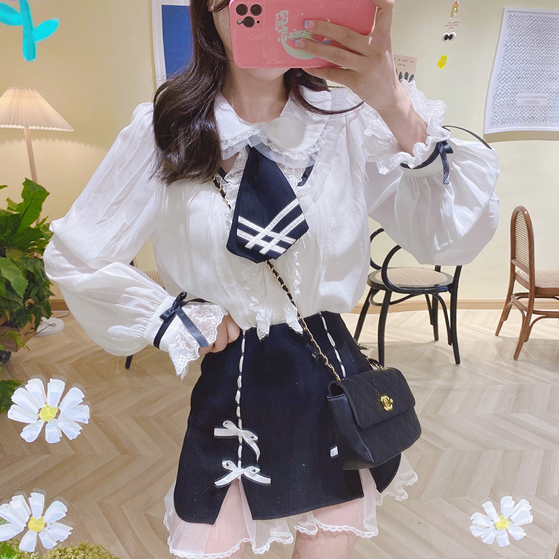 Summer Joy : พรีออเดอร์ เสื้อเชิ้ตแฟชั่นสไตล์ญี่ปุ่น แขนยาวแต่งสายริบบิ้น (มีให้เลือก 3สี) เว้าช่วงคอ + เนคไทเข้าชุด แบรนด์แท้