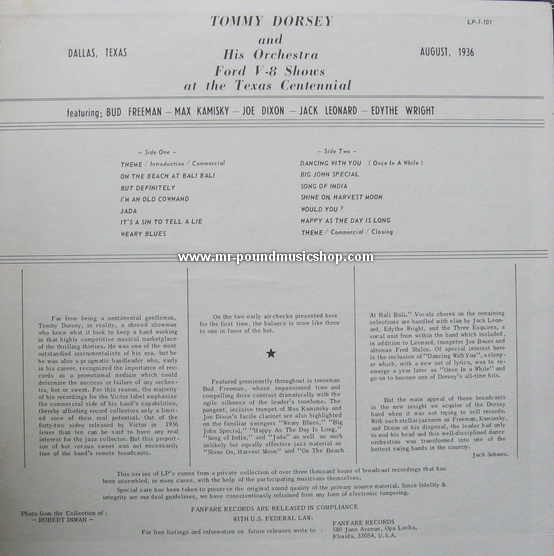 Tommy Dorsey & His Orchestra - Ford V-8 Shows, August 1936, At The Texas Centenial Dallas Texas