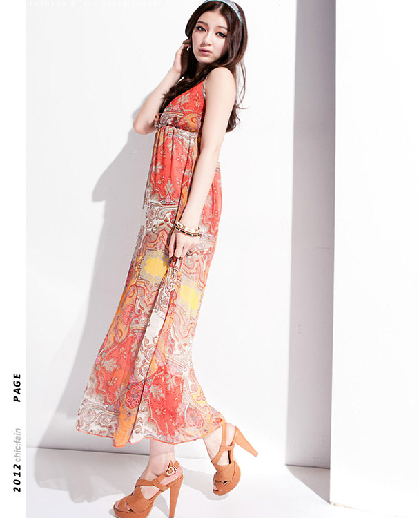 MAXI DRESS เดรสยาวแฟชั่นสายเดี่ยว ใส่ทำงาน เที่ยว ผ้าชีฟอง ลายโทนน้ำตาล ใส่ออกงาน ASIA STREET FASHION