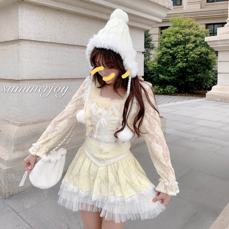 Summer Joy : พรีออเดอร์ เดรสลูกไม้สไตล์โลลิต้าหวานๆ สีเหลือง แต่งดีเทลตามแบบ