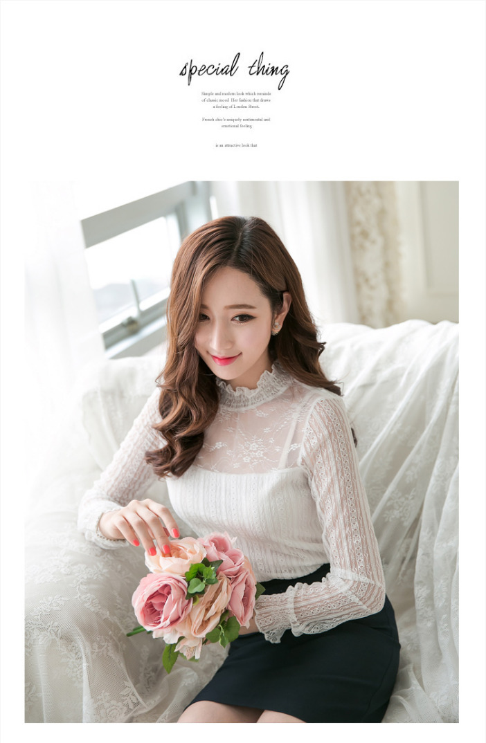 เสื้อทำงานผู้หญิงลูกไม้สีขาว แขนยาว เข้ารูป แนวเรียบร้อย สวย ดูดี