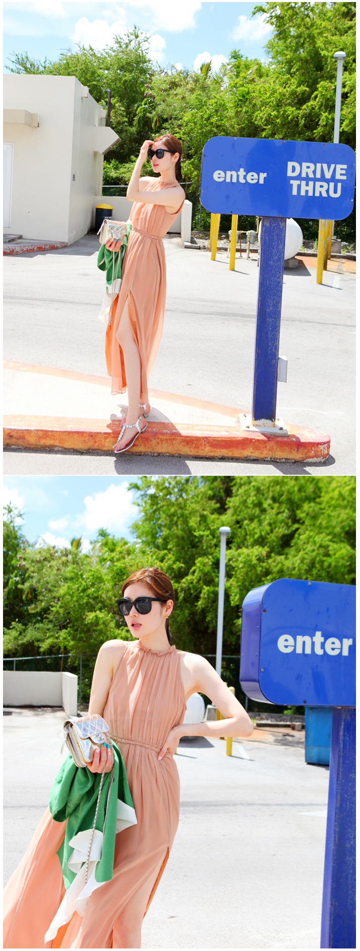 maxi dress - ชุดเดรสยาวผ้าชีฟอง ใสเที่ยว ใส่ทำงาน แขนกุด เปิดหลัง สีโอรส น่ารักมากๆ ค่ะ สามารถใส่ออกงานได้ Asia Sttreet Fashion