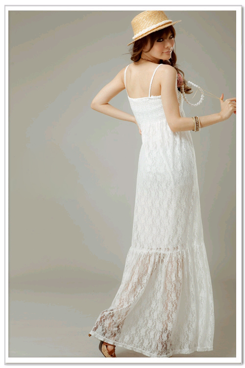 maxi dress ชุดเดรสยาวผ้าลูกไม้ สายเดี่ย; สม๊อกอก สีขาว ใส่ไปงานแต่งงาน น่ารัก ใส่ออกงาน สวยมาก Asia Street Fashion