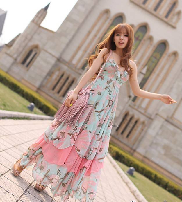 maxi dress ชุดเดรสยาว ใส่เที่ยว โทนชมพู ฟ้า ใส่ไปงานแต่ง ใส่ออกงานได้ น่ารัก สวยมาก