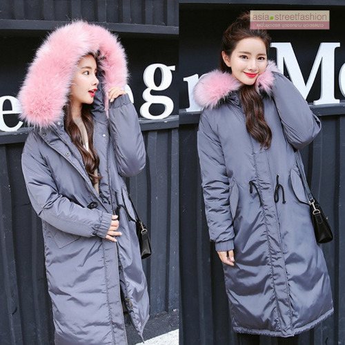 เสื้อกันหนาวฮู้ดดี้ ทรงยาว แต่งเฟอร์หนาฟู งานเกรดดีเหมือนแบบ บุนวมหนา อุ่นมาก หิมะก็เอาอยู่ (ถอดขนถอดฮู้ดได้) เทาฮู้ดชมพู