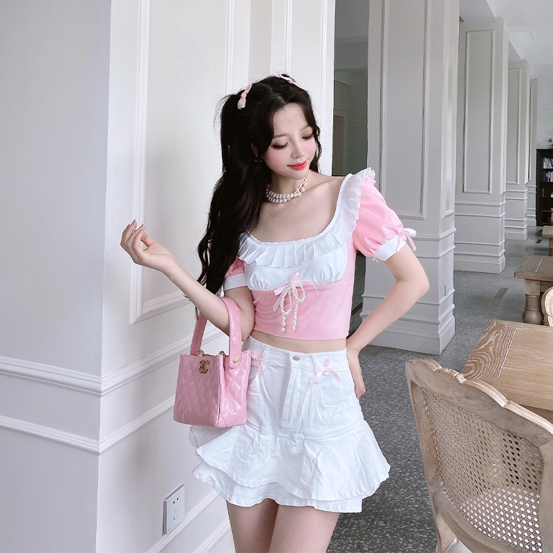 Summer Joy : พรีออเดอร์ กระโปรงแฟชั่นประดับโบว์น่ารักๆ มีให้เลือก 2สี แบรนด์แท้