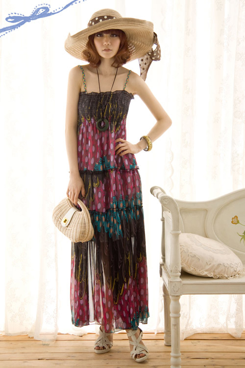 MAXI DRESS ชุดเดรสยาวแฟชั่น ใส่เที่ยวทะเล สายเดี่ยว ผ้าชีฟอง โทนสีชมพู เขียว ดำ สม็อกอก ใส่ออกงาน สวยๆ ASIA STREET FASHION